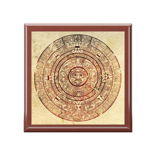Aztec Calendar Printed Tile Jewelry Box - Sepia