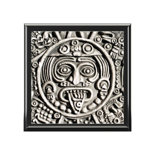 Aztec Calendar Printed Tile Jewelry Box - Black and White