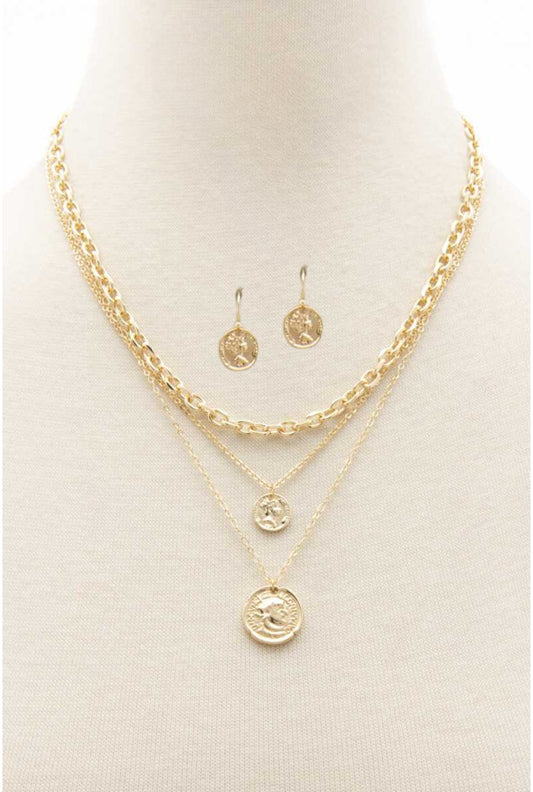 Three Tier Coin Necklace With Earrings
