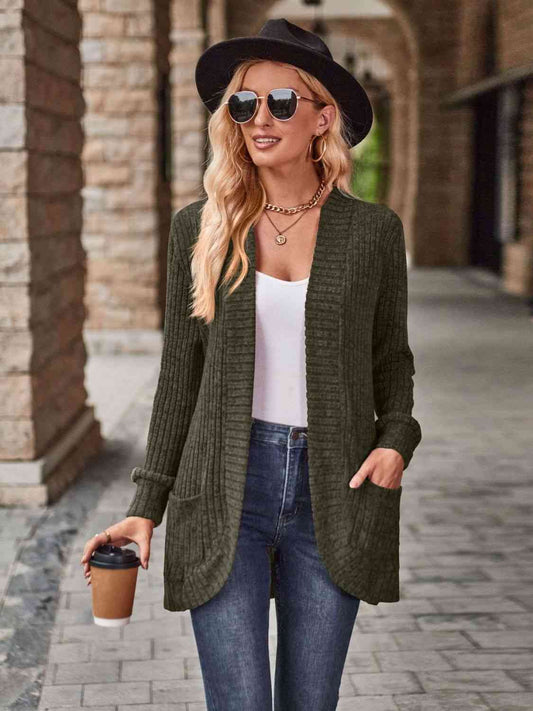 Ribbed Open Front Cardigan With Pockets