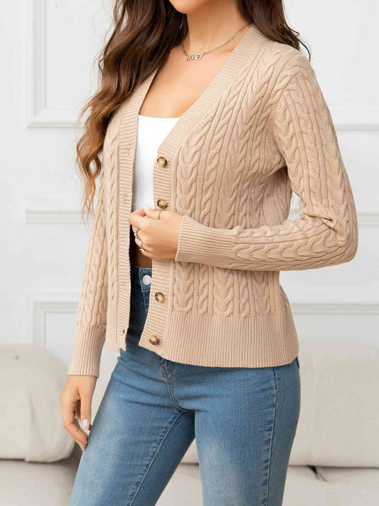 Button Front V-Neck Cable Cardigan