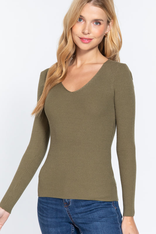Ribbed V-Neck Sweater in Olive