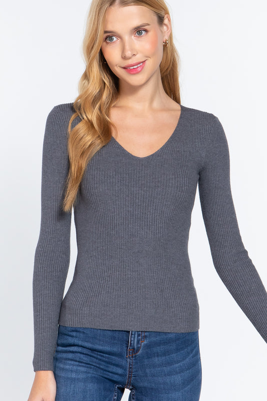 Ribbed V-Neck Sweater in Charcoal