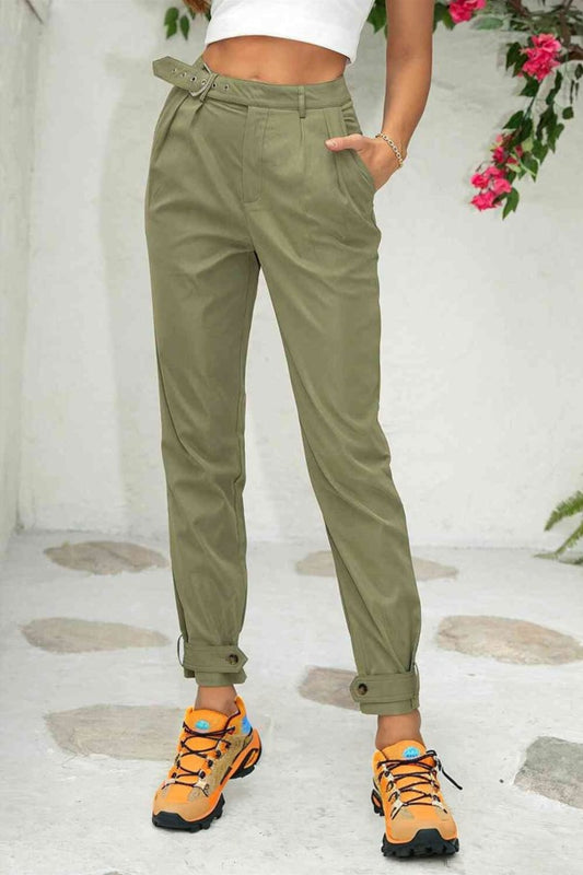 Button Ankle Joggers in Matcha Green