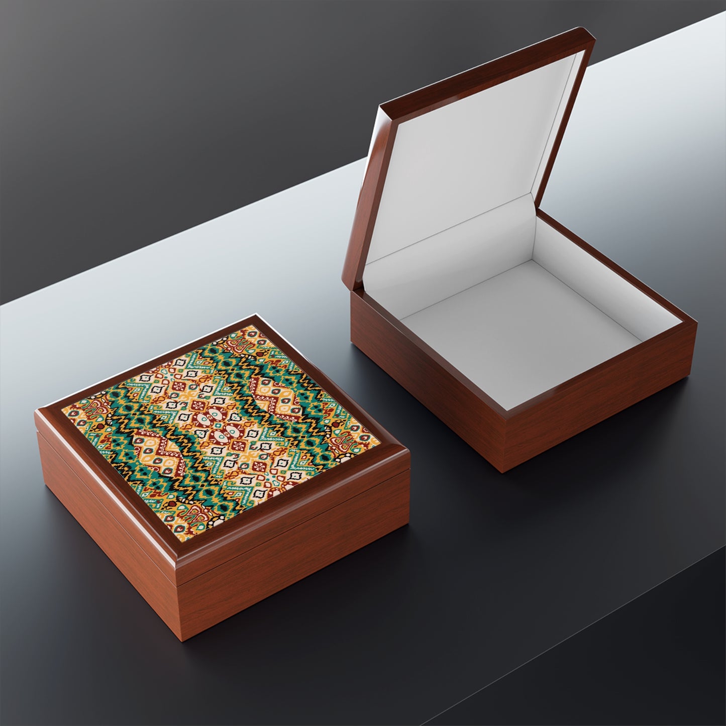 Geometric Teal Printed Tile Jewelry Box
