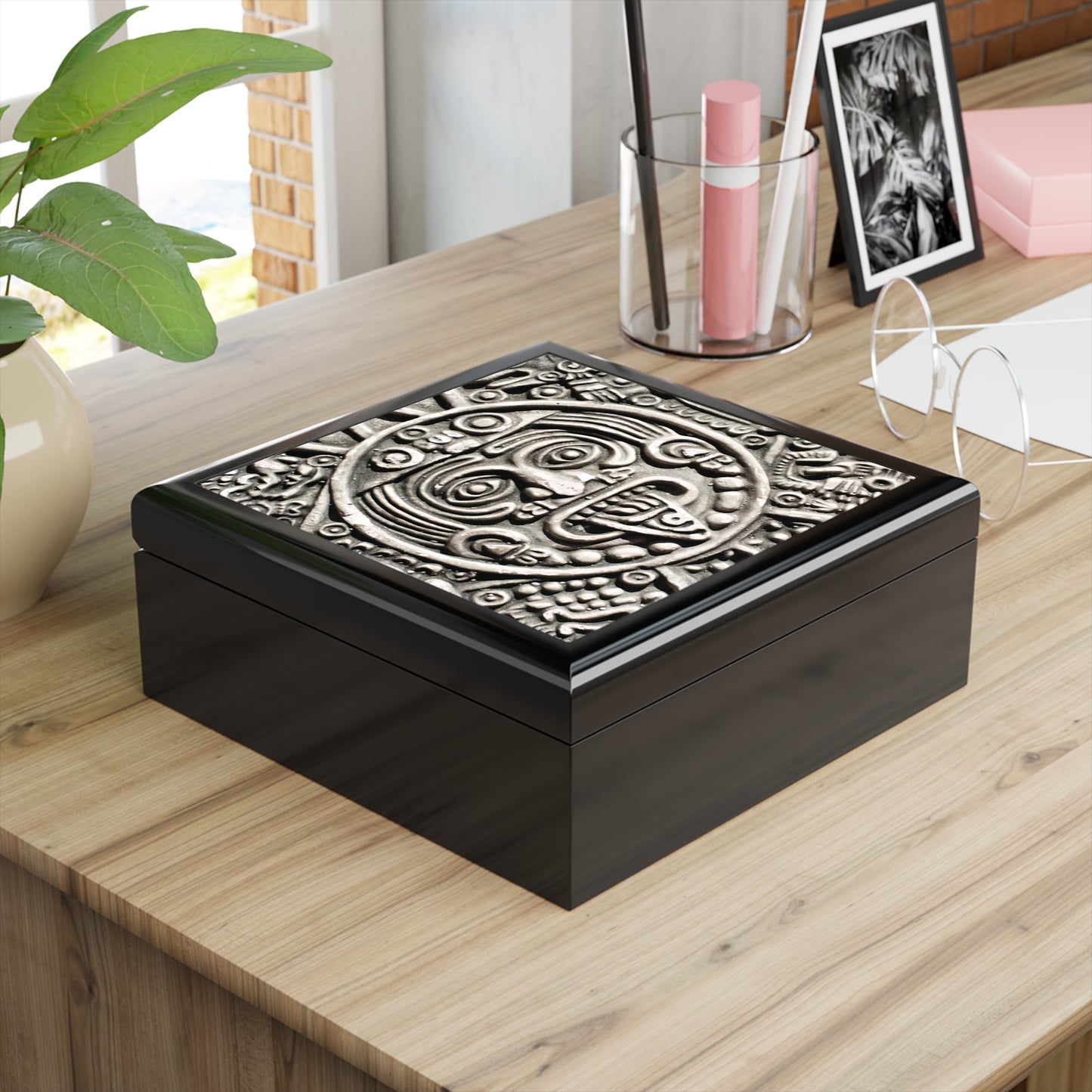 Aztec Calendar Printed Tile Jewelry Box - Black and White