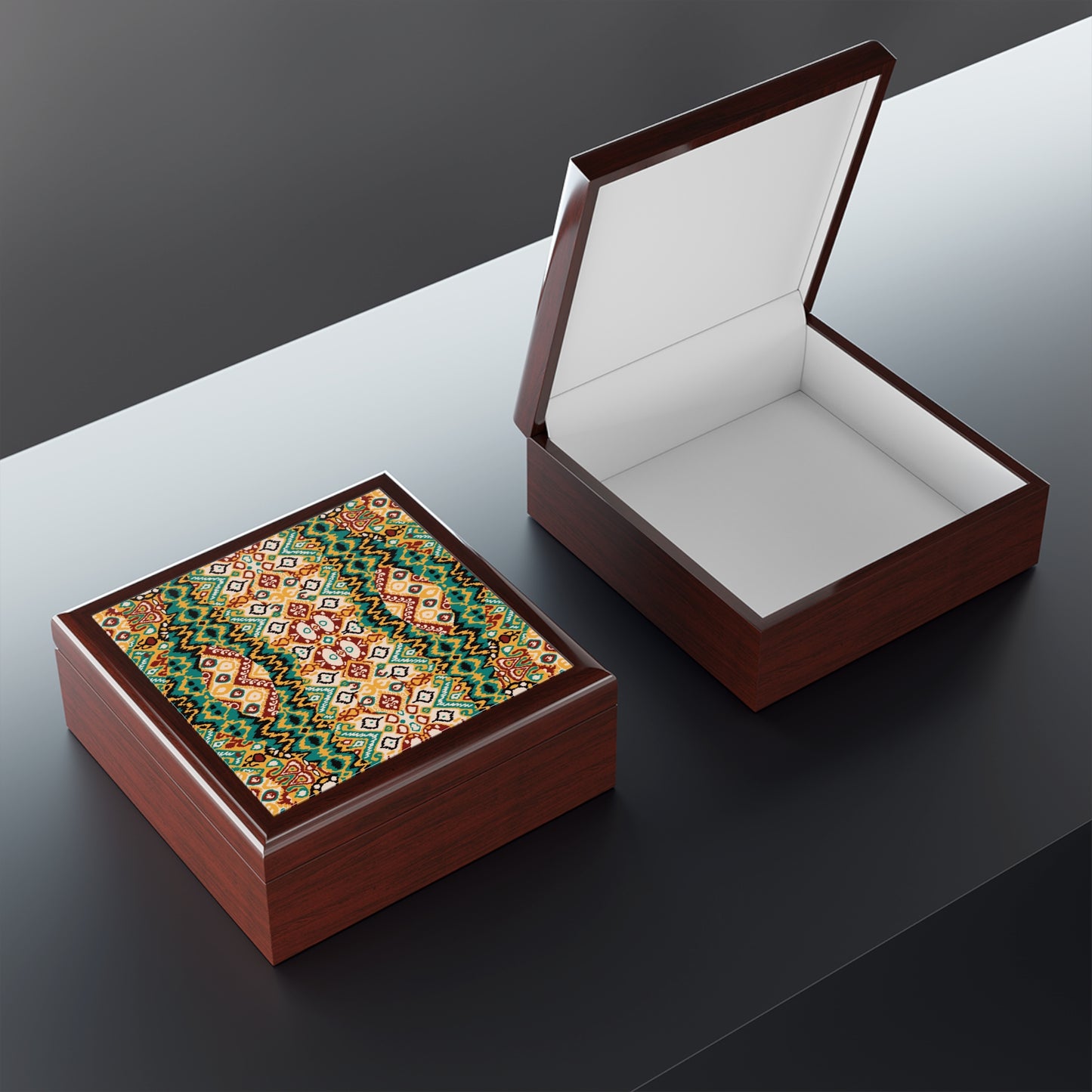 Geometric Teal Printed Tile Jewelry Box