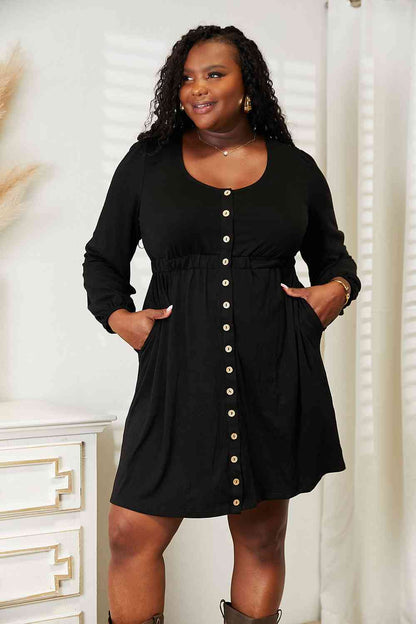 Button Front Long Sleeve Dress With Pockets in Black