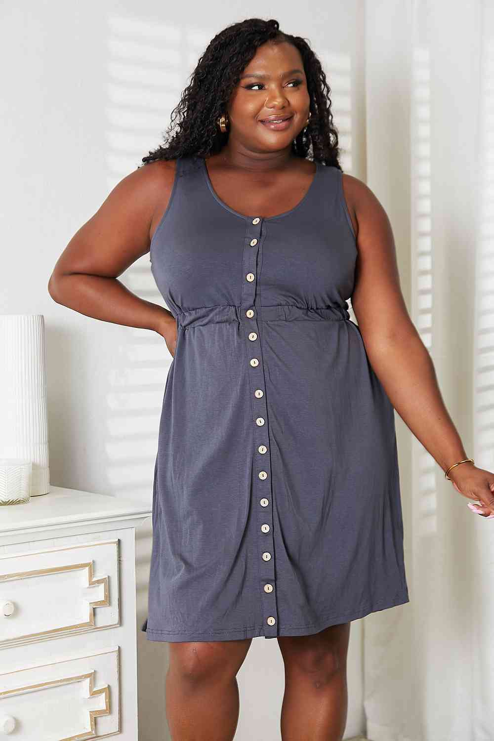 Button Front Sleeveless Dress With Pockets in Charcoal