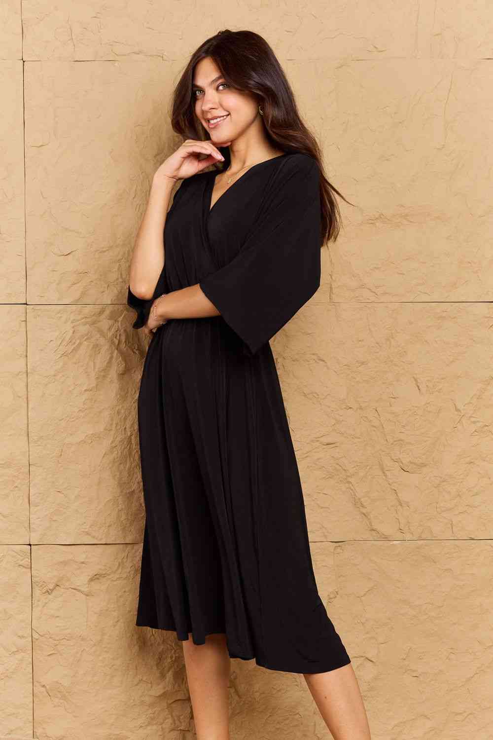 Midi Length Wrap Dress in Black