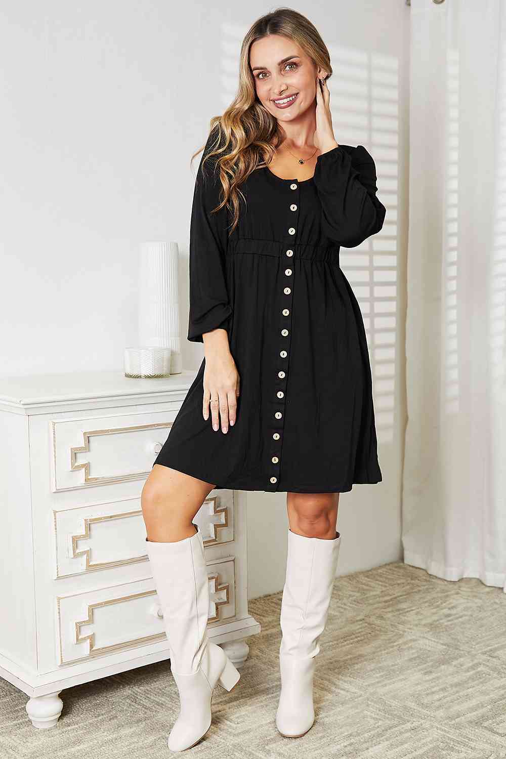Button Front Long Sleeve Dress With Pockets in Black