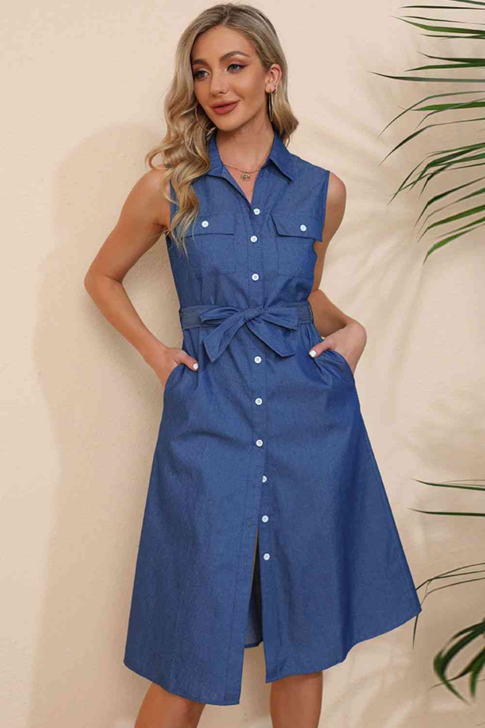 Sleeveless Shirt Dress in Indigo Blue