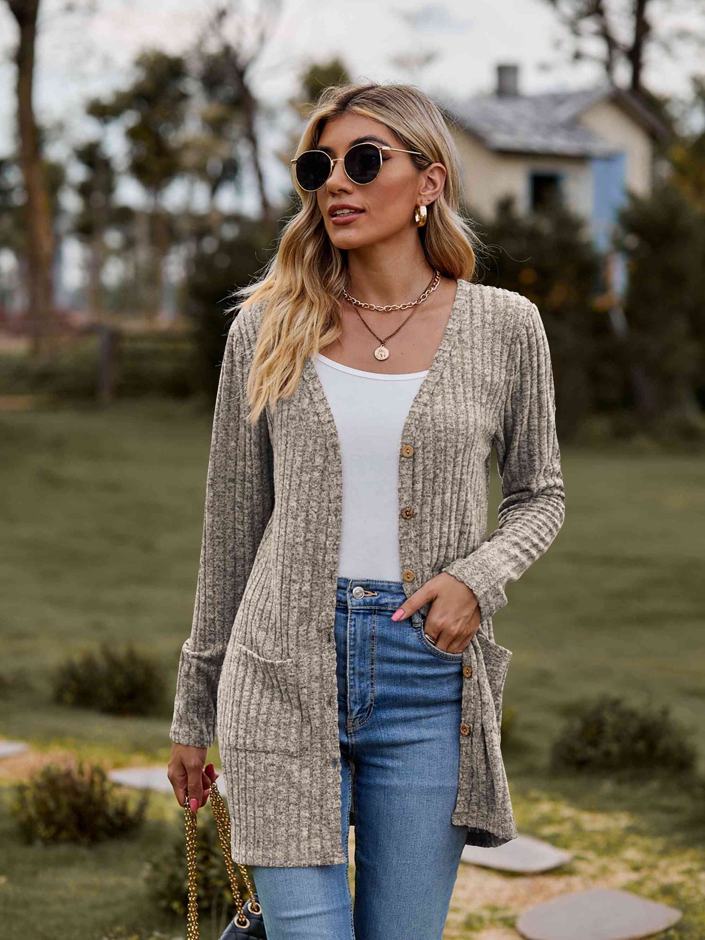Ribbed Button Cardigan With Pockets in Oatmeal