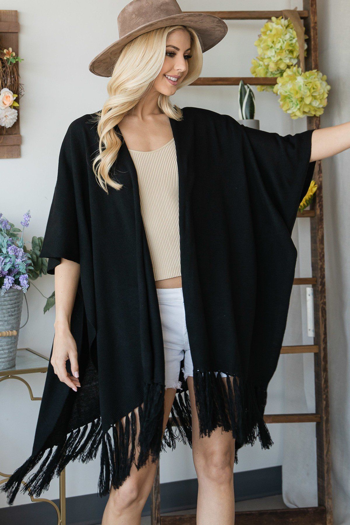 Fringed Knit Shawl in Black