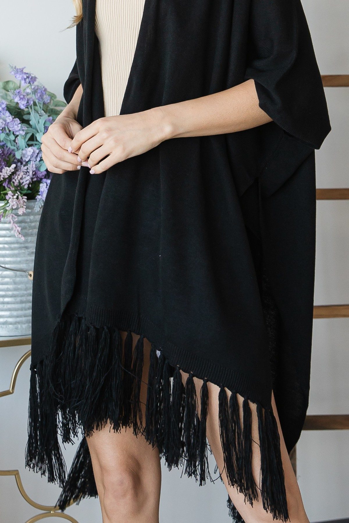 Fringed Knit Shawl in Black