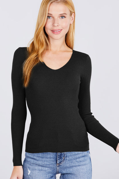 Ribbed V-Neck Sweater in Black