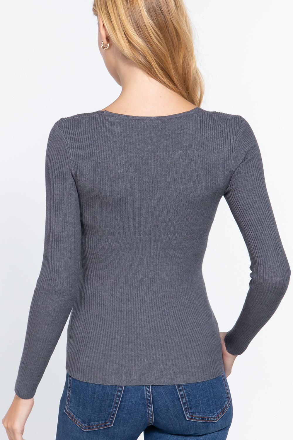 Ribbed V-Neck Sweater in Charcoal