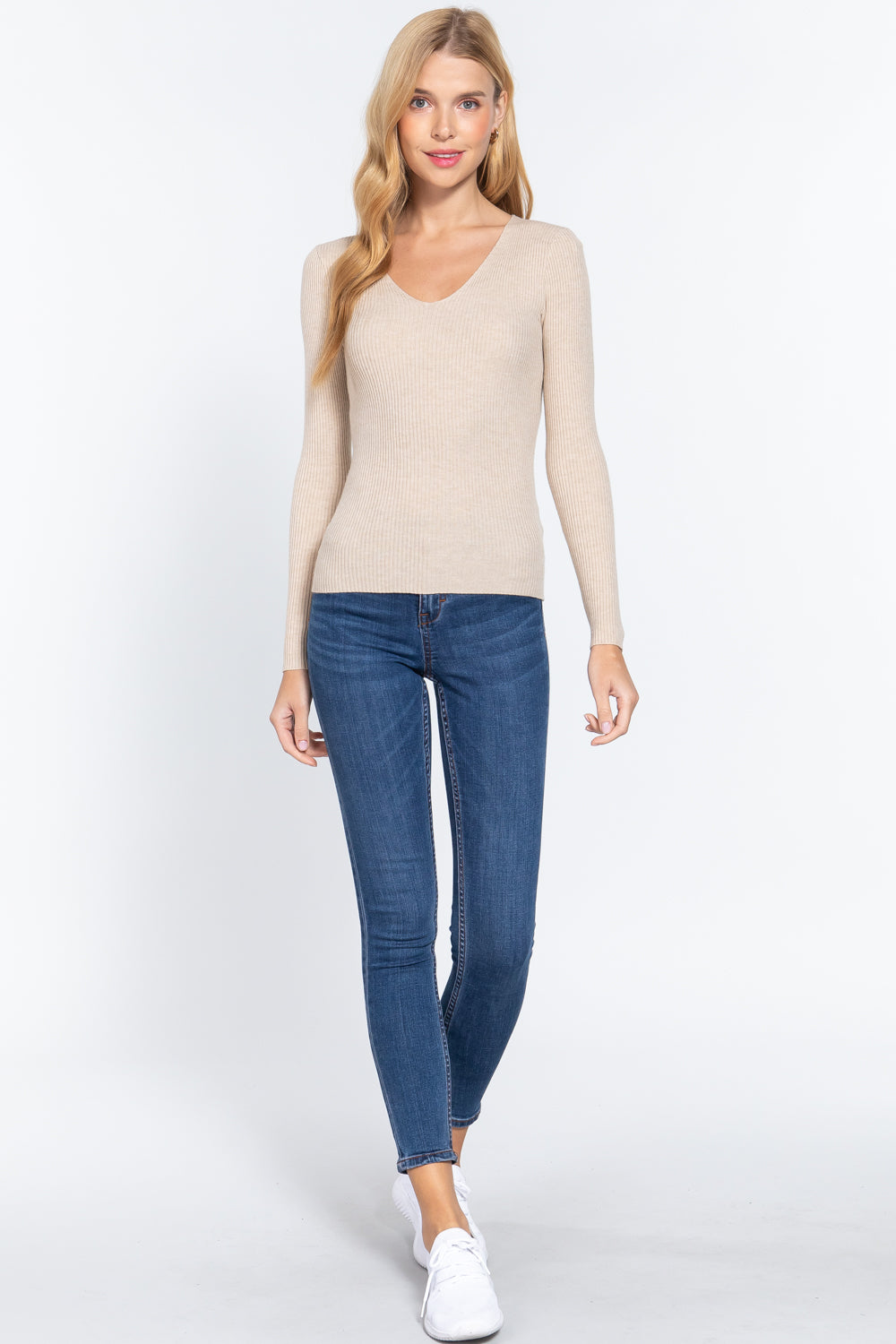 Ribbed V-Neck Sweater in Oatmeal