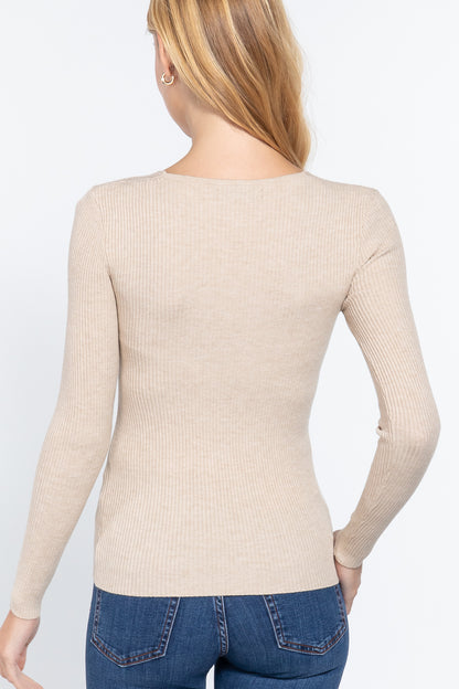 Ribbed V-Neck Sweater in Oatmeal