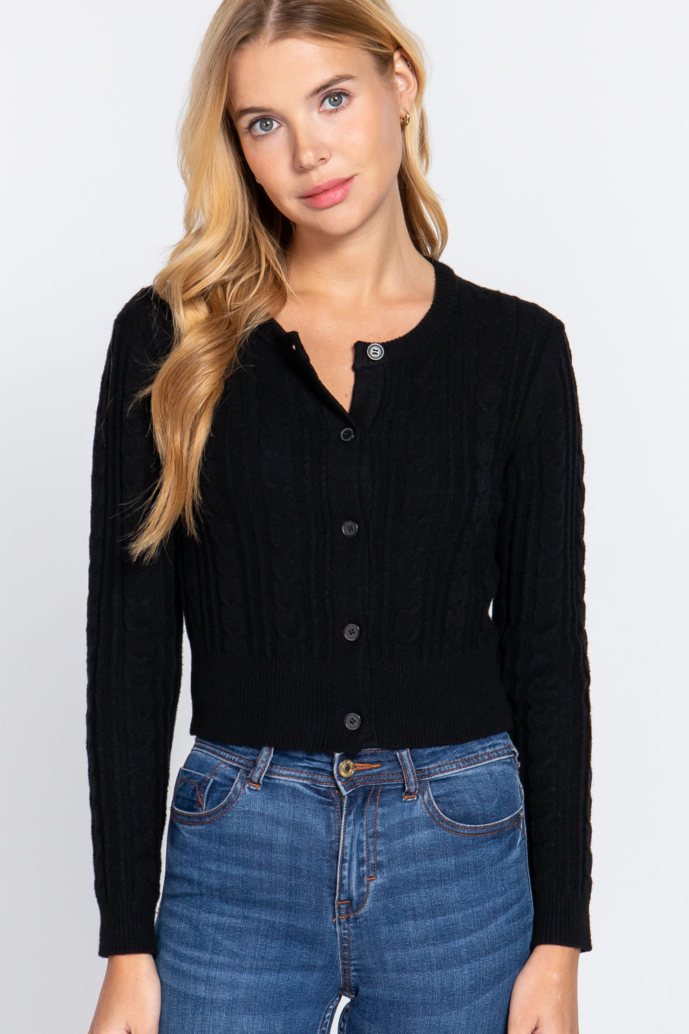 Cropped Cable Cardigan in Black