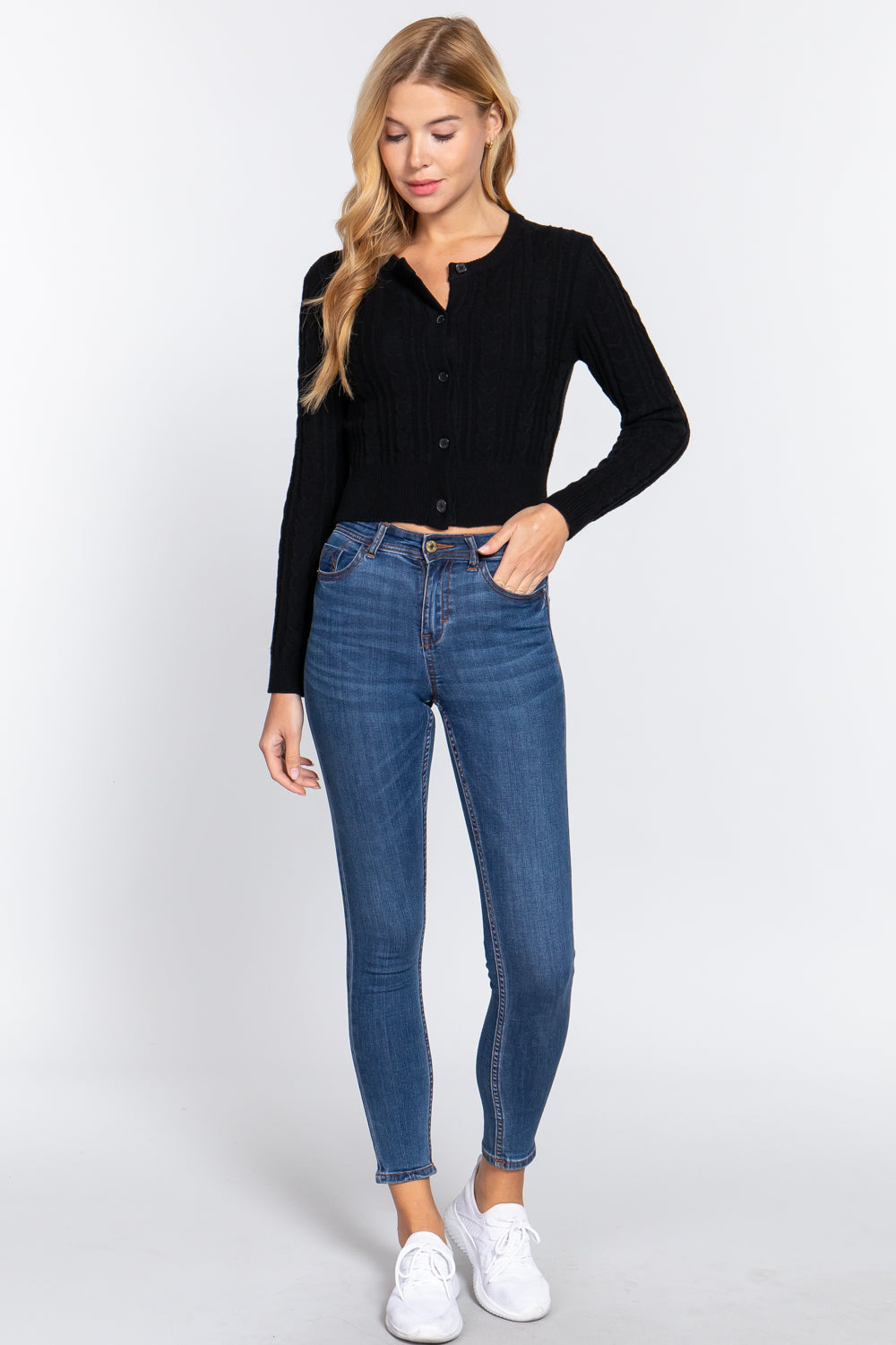 Cropped Cable Cardigan in Black