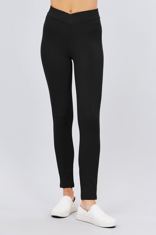 Crossover V-Waist Ponte Pants in Black