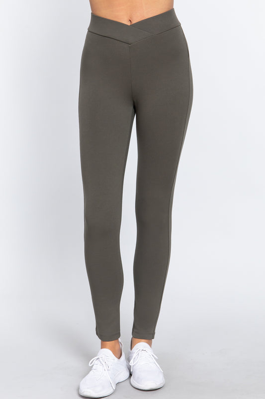 Crossover V-Waist Ponte Pants in Olive Gray