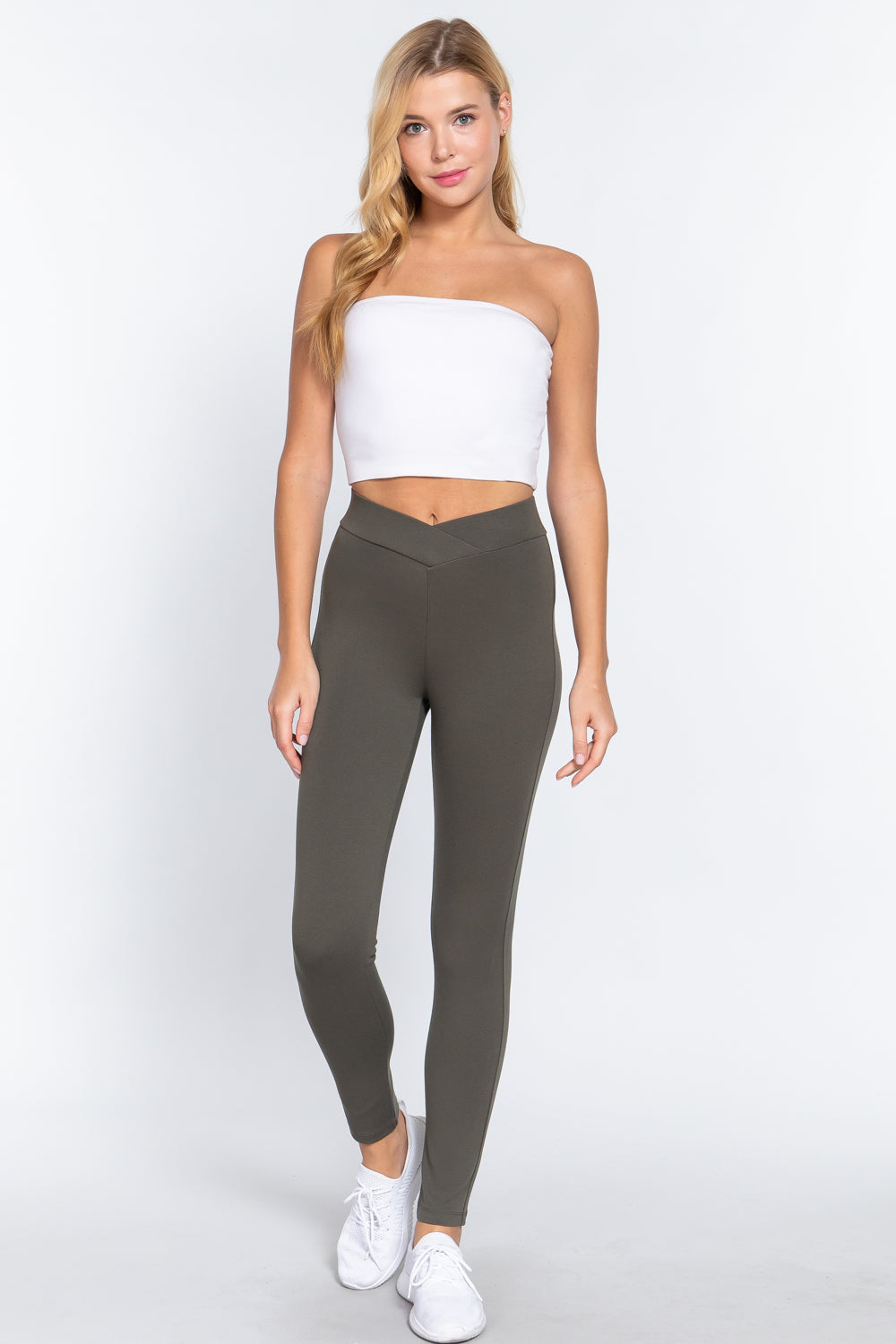 Crossover V-Waist Ponte Pants in Olive Gray