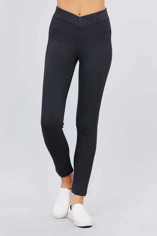 Crossover V-Waist Ponte Pants in Charcoal
