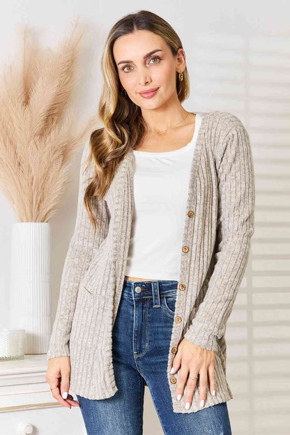 Ribbed Button Cardigan With Pockets in Oatmeal