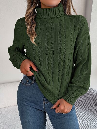 Drop Shoulder Cable Turtleneck Sweater