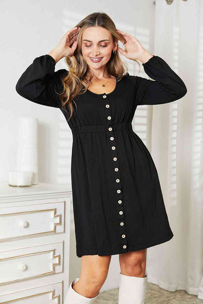 Button Front Long Sleeve Dress With Pockets in Black