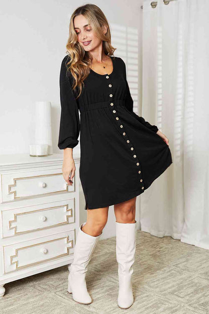 Button Front Long Sleeve Dress With Pockets in Black